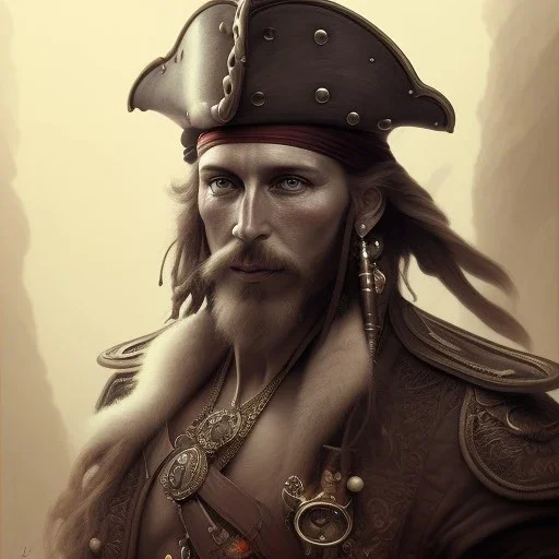 redshift style, painted portrait of a pirate, masculine, mature, pirates, upper body, grey and silver, fantasy, intricate, elegant, highly detailed, digital painting, artstation, concept art, smooth, sharp focus, illustration, art by gaston bussiere and alphonse mucha