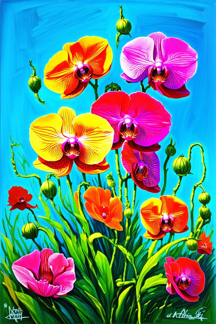 gigantic poppies in the colors of exotic orchids in the garden of eden; vivid colored pencil drawing on sky blue Pastelmat
