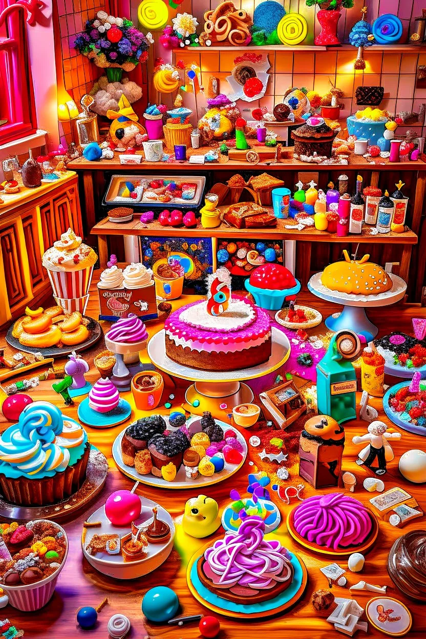 surrealistic image of toys baking and decorating delicious treats in a toy-sized bakery. You can have toy chefs decorating cupcakes, rolling out dough for cookies, and frosting cakes. Surround them with an assortment of mouth-watering pastries and candies.