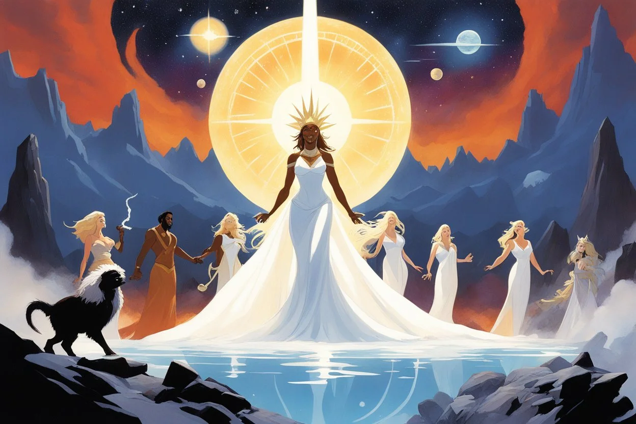 [illustration by Angus McBride] A cosmic heroic fantasy tableau in the style of American Gods at a galactic scale: multiple deities standing in a fractured divine realm. In the center, Lov, a newborn blonde goddess of lust and raw power, radiant and dangerous, glowing with instinctive energy. Nearby, the White Witch, a pale blonde former goddess of healing and peace, serene yet subtly corrupted, her light dimmed by influence. In the background, hints of absence: abandoned divine forges for Rip,
