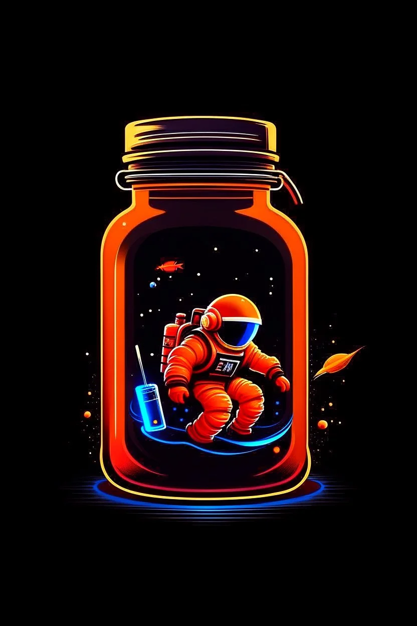 astronaut in a mason jar that's themed to look like a spaceship traveling to mars. The spaceship has engine fire coming out of the back, and the whole style should be that of a tech company logo.