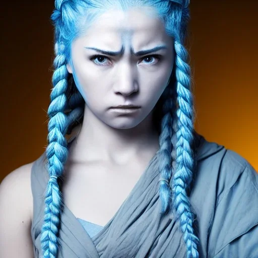 Female Air Genasi Monk with pale blue skin color, braided silver hair, and grey eyes. Stoic expression