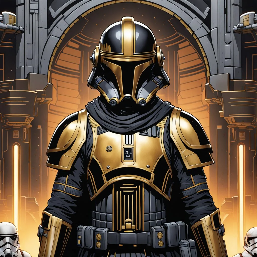 star wars bald male corellian pilot wearing pearlescent black and gunmetal grey First Order special forces heavy assault stealth commando armor and helmet with gold trim inside the jedi temple, hyperdetailed, dynamic lighting, hyperdetailed background, 8k resolution, volumetric lighting, light skin, fully symmetric details