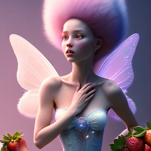 pixar style,realistic painting of a beautiful fairy and a jar jam marmelade, in kitchen,volumetric blue clouds,pink sky environment and flying strawberries in background, volumetric lighting,dramatic lighting, detailed digital painting, extreme dense and fine fur, anime, ornate, colour-washed colors, elegant, small minutiae, tiny features, particulars, centered, smooth, sharp focus, renderman gofur render, 8k, uhd, detailed eyes, realistic shaded volumetric lighting,caustics,backligh