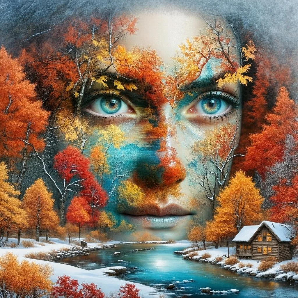 Inspired by Marsha Sue Bell Baker Prompt: Double exposure artwork of a large human face blending with a vibrant landscape, capturing the essence of both autumn and winter. The human face has hauntingly enchanting eyes and a serene expression, seamlessly overlaid with nature. On one side, colorful autumn trees in orange, red, and gold fill the scene with intricate, vivid details, alongside a glimmering river flowing towards a rustic cabin. The other side shows winter with snow-covered branches an