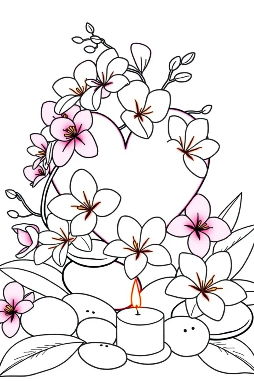 outline art for visually rich appealing heart in orchids plumeria rounded stones candles, ikebana style, coloring page for kids, white background, fit to page, only use outline, clean line art, no shadows, clear and well outlined