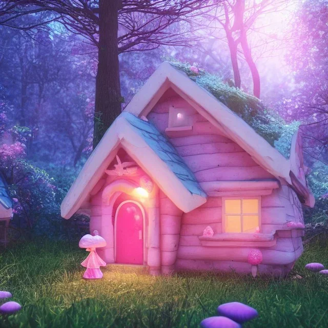 a cute pink and blue fairy house in the forest, spring time, mushrooms, 8k, flickering light, centered, high-quality, fine-detail, digital art, detailed matte, volumetric lighting, illustration, 3D octane render