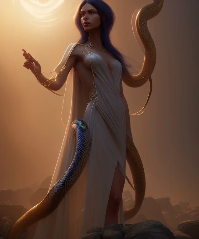 Holy Virgin, beautiful, long fabric dress, beautiful long black hair to the waist, snake around body, head and shoulders portrait, 8k resolution concept art portrait by Greg Rutkowski, Unreal Engine 5 volumetric lighting