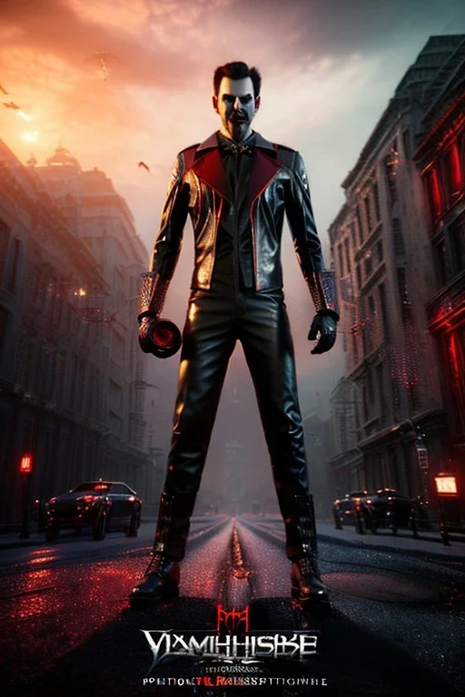 Grinning vampire, portrait from waist up, pale skin, latex and leather attire, crimson eyes, fangs,intricate eyeliner, vibrant eyeshadow, clear completion, soft lighting, 4k resolution, intricate details, insanely detailed, colorful cityscape background, masterpiece, expert, cinematic smooth, retroanime style, realistic details, no helmet