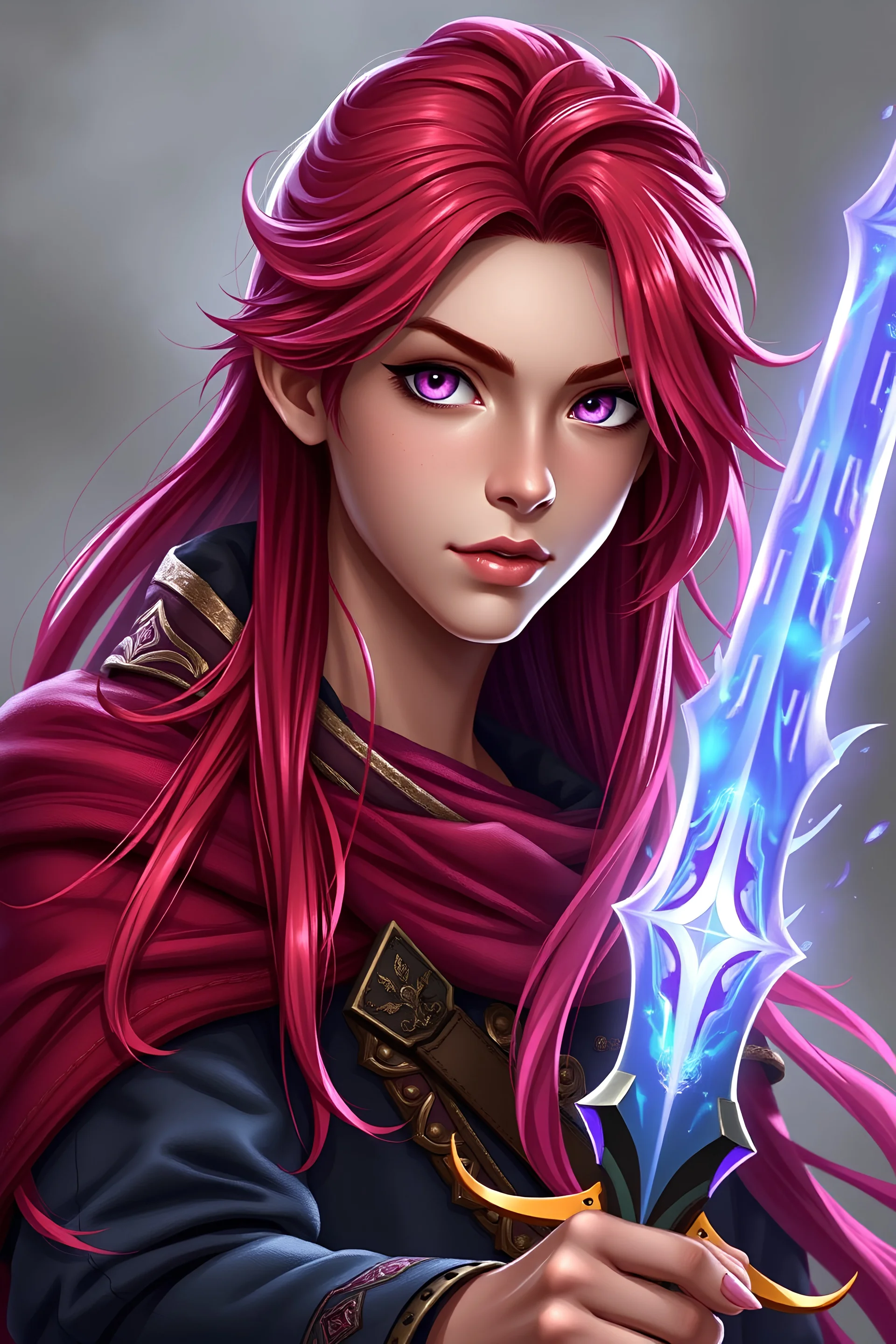 Young human noble teenager with long red hair with pink highlights, pink eyes, sorcerer, magic blade