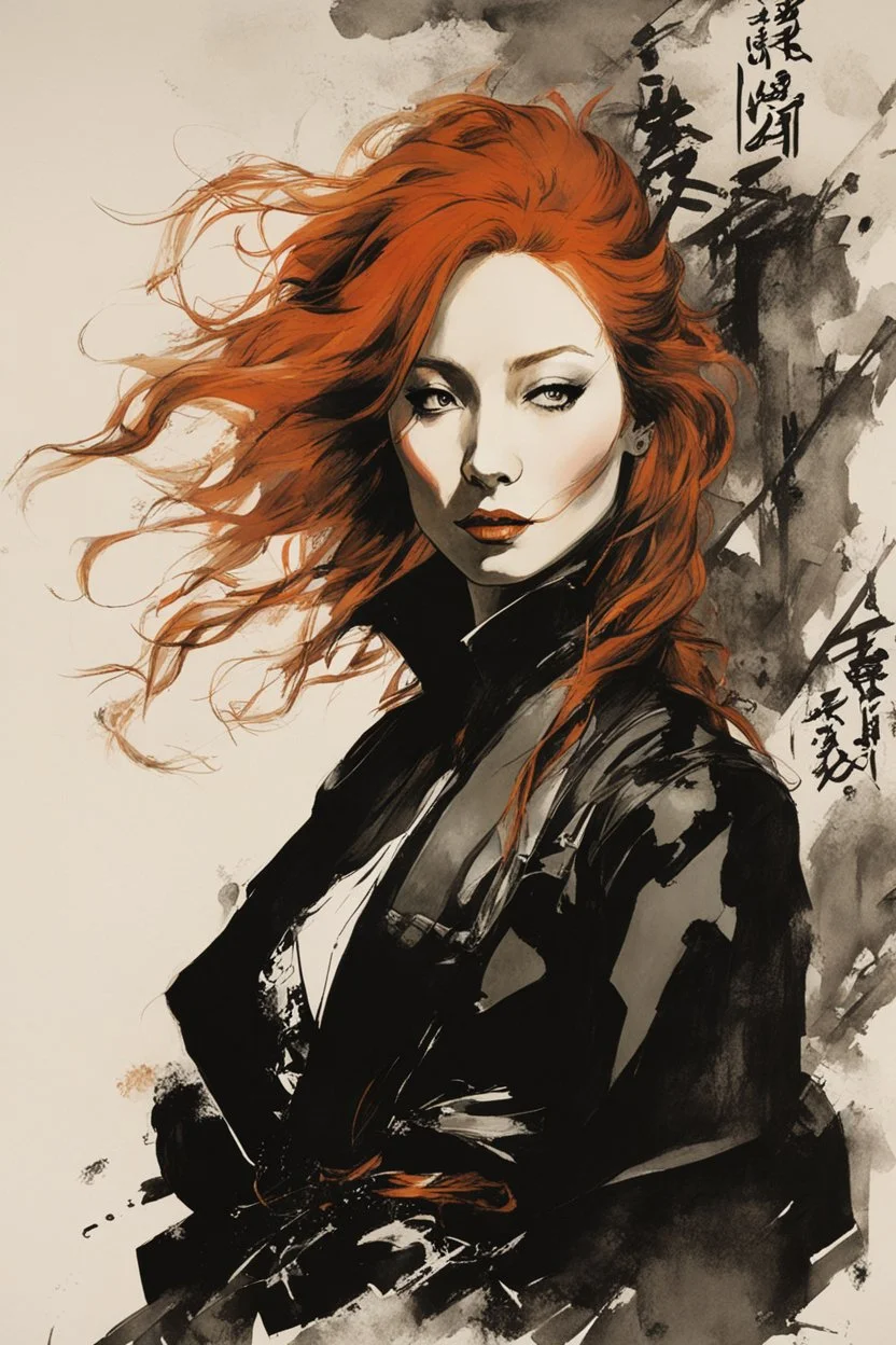 Tori Amos as a malevolent goth vampire girl , painting by Yoji Shinkawa and Katsushika Hokusai