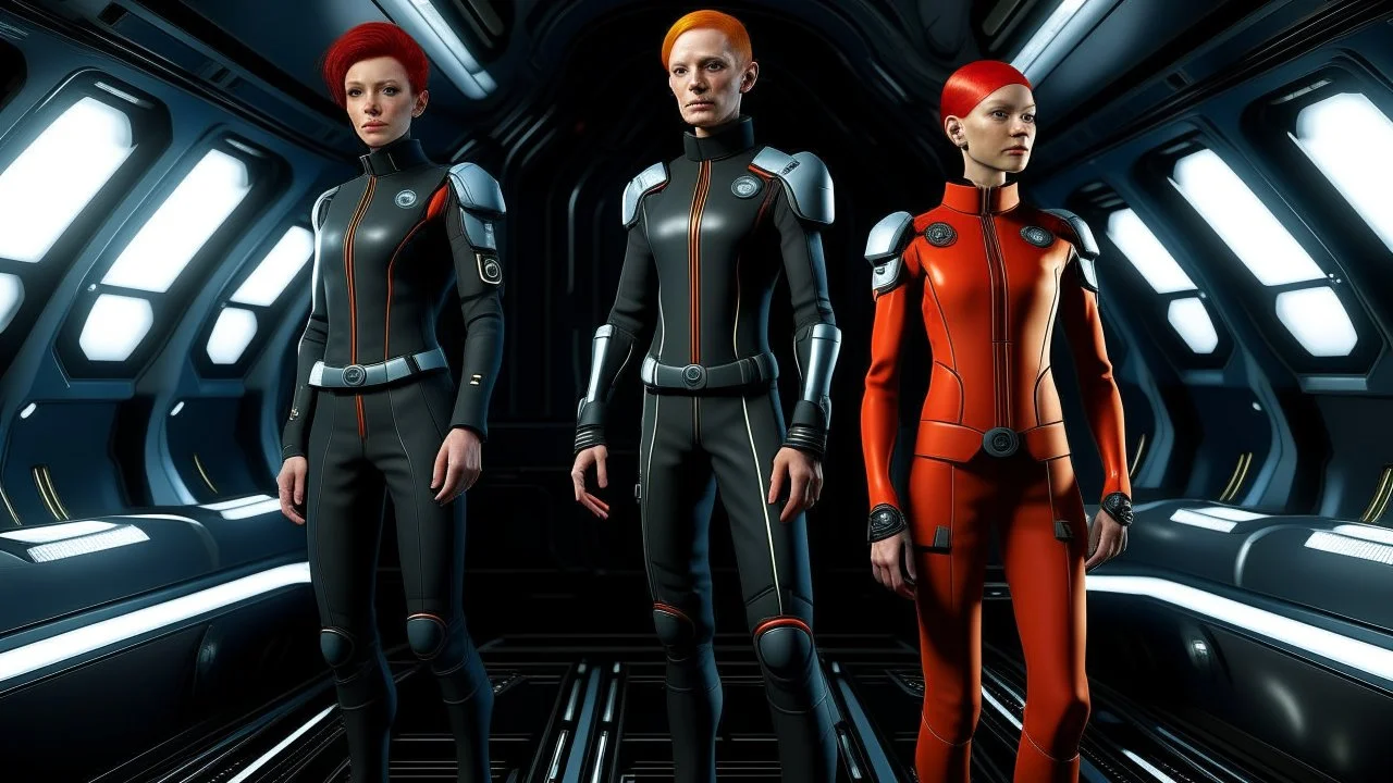Photorealistic picture of a man in a flight suit with two tall, slender female androids in biosuits, one with red hair and one with white hair, standing on the bridge of a star trek style spaceship.