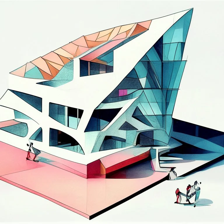 Architectural drawing of a Neofuturistic art museum, (((isometry))), ultra quality, people, treets