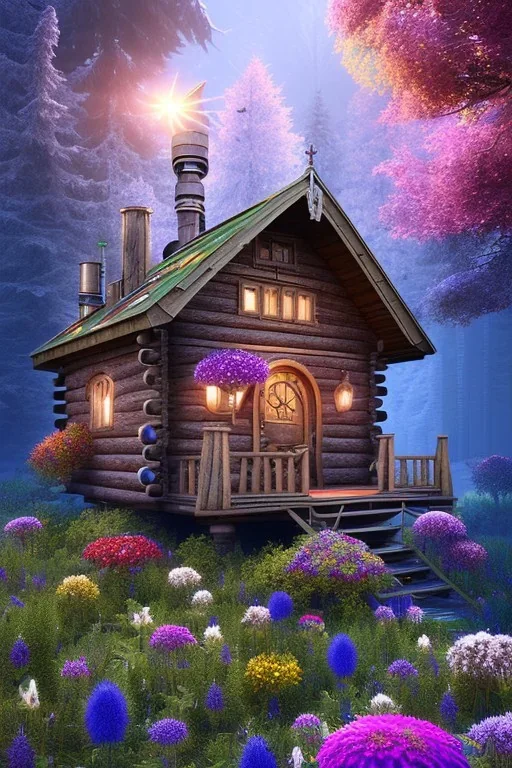 hyper detail, mystical forest, small wooden cabin, purple blue yellow silver teal black olive azure, red, pink, brown, flowers, steampunk,