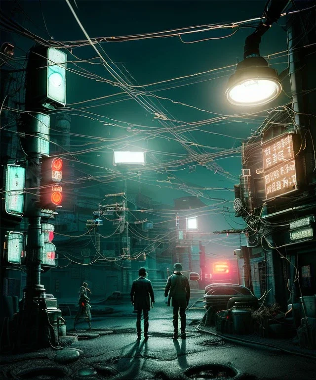 Ultra realistic photographic night portrait, cinematic, <Asian woman><big cyber eye>::<Asian doctor old man><hanging wires> <retro computer> <cyberpunk> <many wires><perfect pupil> <cyborg arm> <garage> <wide angle Shot> <sci-fi futuristic> <thriller>, color fog, soft color, highly detailed, unreal engine 5, ray tracing, RTX, lumen lighting, ultra detail, volumetric lighting, high definition.