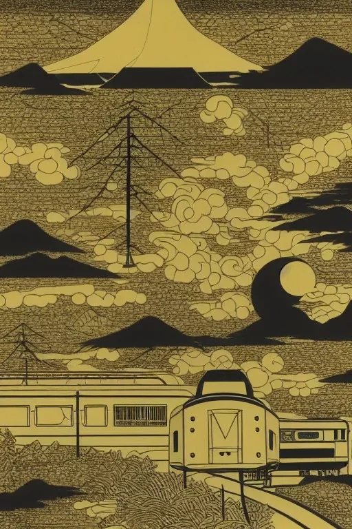 platinum outline of a train on gold paper, high contrast, beautiful countryside landscape, detailed full-color, nature, HD photography, Tishk Barzanji, autoCAD moonscape ukiyo-e