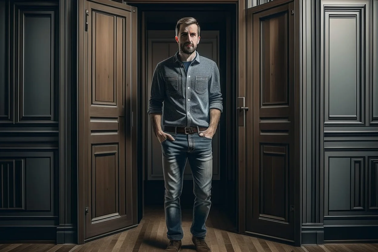 man in jeans and a shirt standing in a room of doors