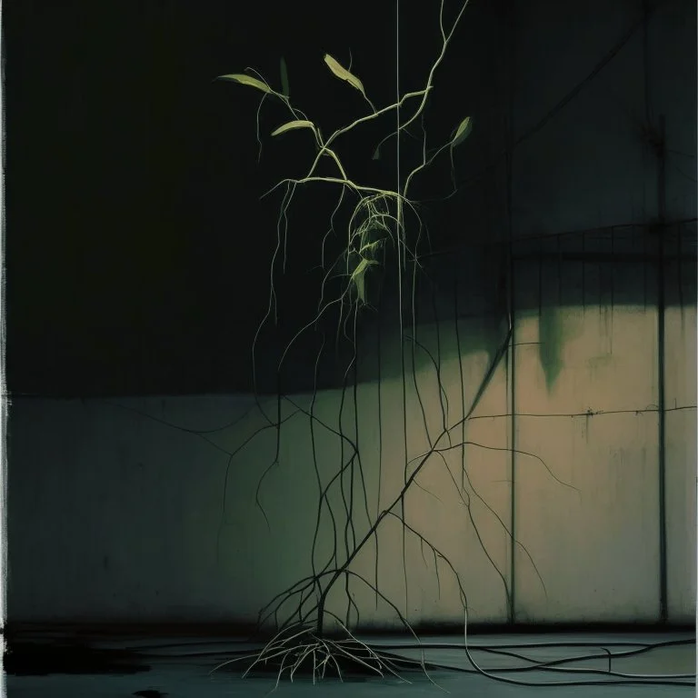 Minimal abstract oil painting of a plant in concrete warehouse brutalist architecture and hanging wires illuminated at night.In the style of Justin Mortimer and Frances Bacon,Ashley Wood