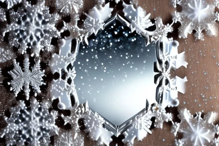 snowflakes, blur 5%, double exposure, merged layers, silver glitters, in the first part (near to us) of the picture you can see a plain sandblown smoked glass, engraved with a folk art pattern, the glass is cracked in several places, in some places the glass is broken, crumpled burlap, through it you can see a tropical rainforest with a waterfall, mist, tooth, sunrise