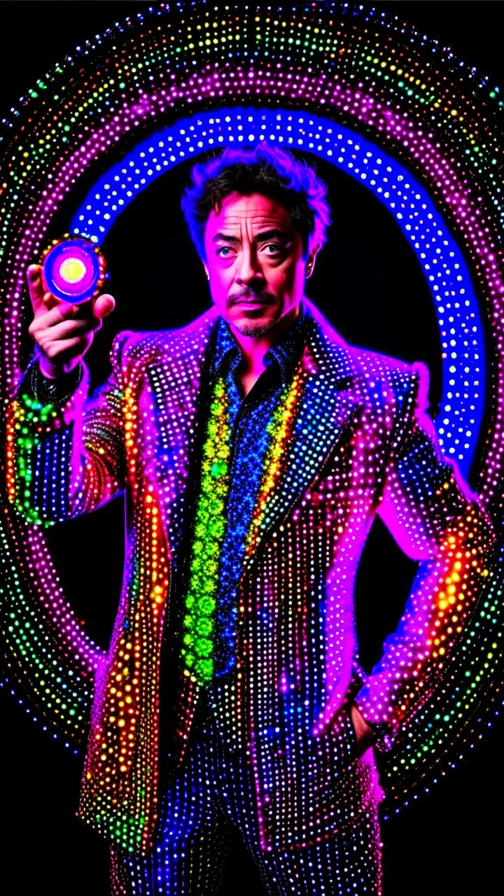 A full body pic of Robert Downey Jr. as Sherlock Holmes, wearing a dazzling, glittery disco outfit, illuminated by a kaleidoscope of neon lights, surrounded by small disco spheres, holding a mirror-decorated pipe in his hand