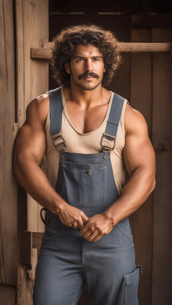 half figure photography of a burly beefy muscular brazilian farmer 29 years old, sweat, short curly hair, big moustach, manly chest, hand on the fap, manly chest with dirty overalls, on the door of a large barn, under the sun