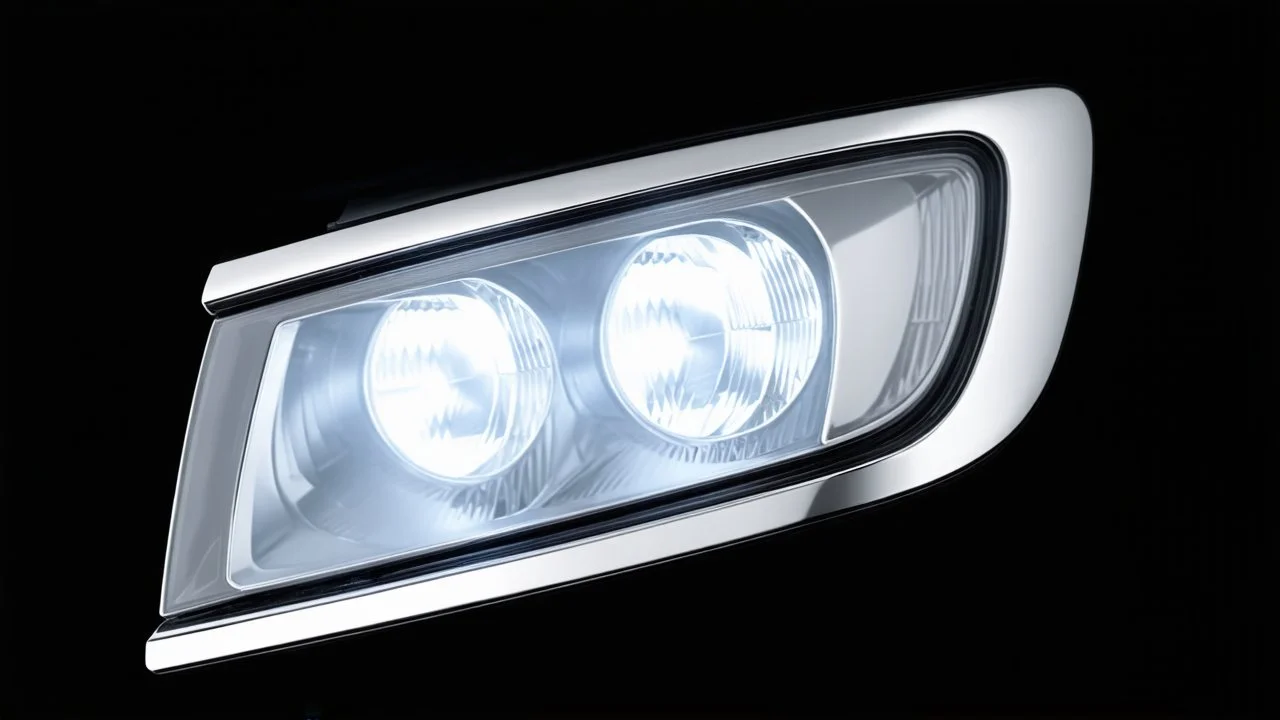 vehicle headlight(with chrome trim) on black background, add details and inner glow