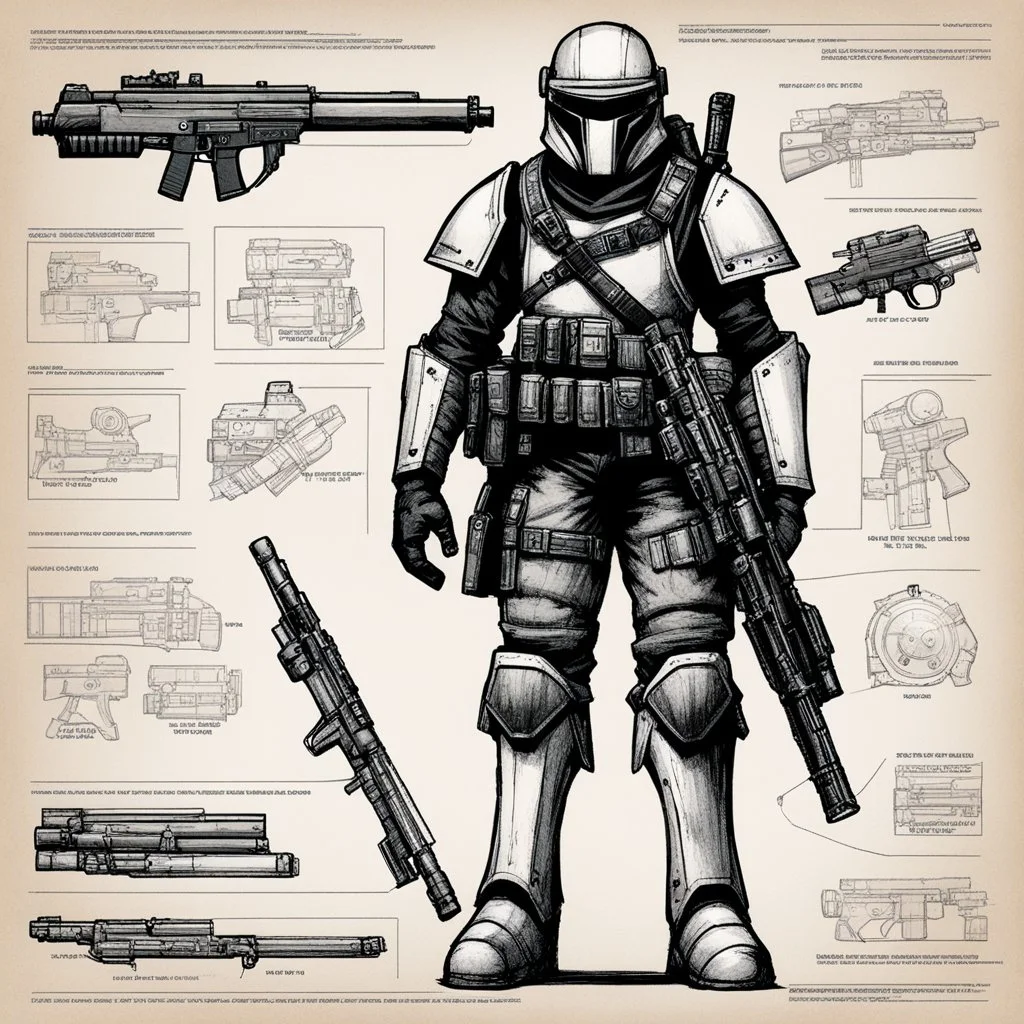 ConceptSheet blueprint [illustration by Kevin Eastman and Peter Laird] Bounty Unit Loadout Concept: helmet, armour, and weapons with their blueprint: assault rifle, sniper long rifle, pistol, and all the package of a hunter