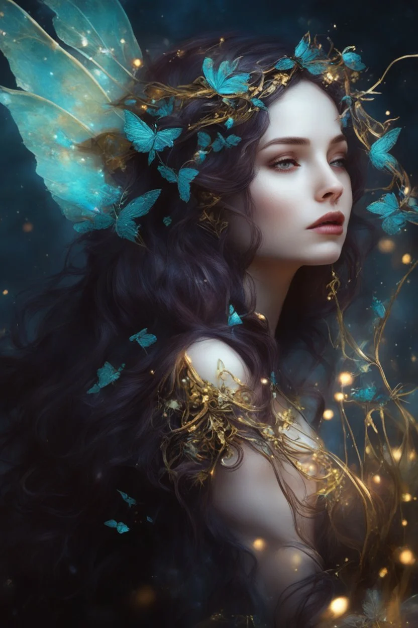 Burgundy hair, dark hair,dark red , rapunzel hair,very long hair,dark fairy princess,elven crown,night,dragonflies,beautiful,ong ashes,golden armor ,sparkle,night blooming,ivy,dark green,lilly of valley,golden elven crown