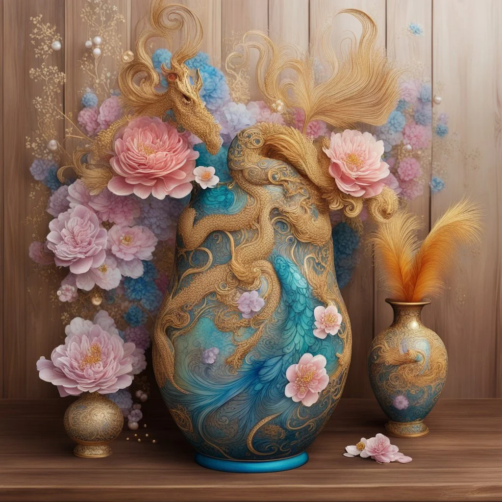 big chinese mingvase, bouguet of flowers and swanfeathers , placed on a chinese wooden table with dragon carvings, Style alcohol ink. various color definitions, flowy swirls, golden lines, 3D, alcohol ink effects, sprinkle glitter, pearls, beads.