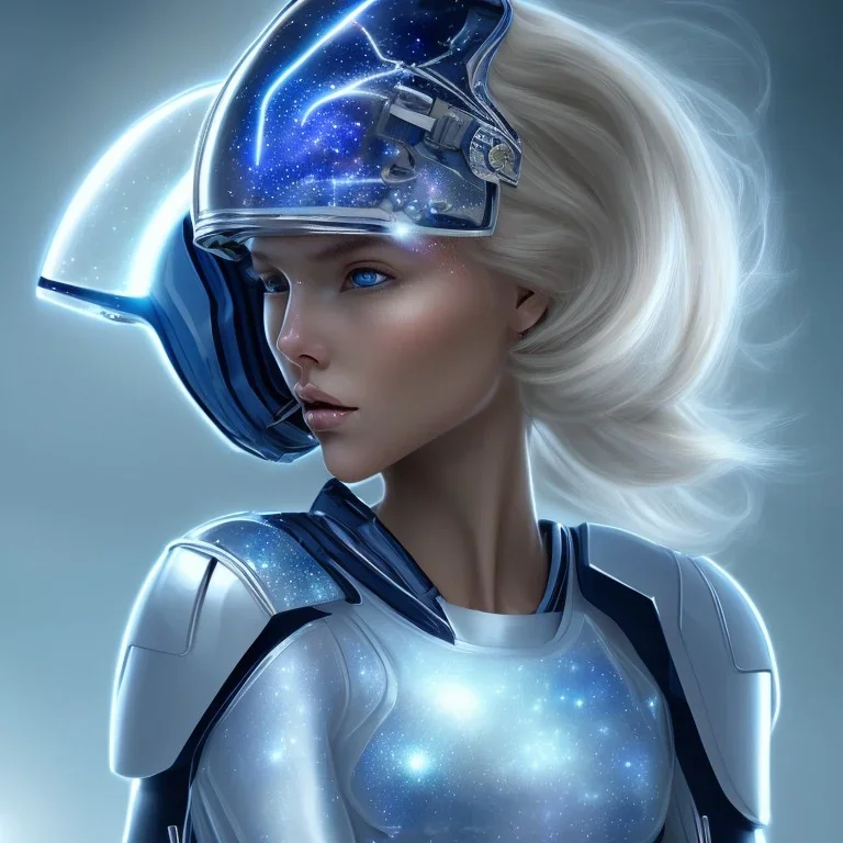 A beautiful portrait of a young galactic woman blonde hair with a little clear helmet in a galactic suit in cosmos blue