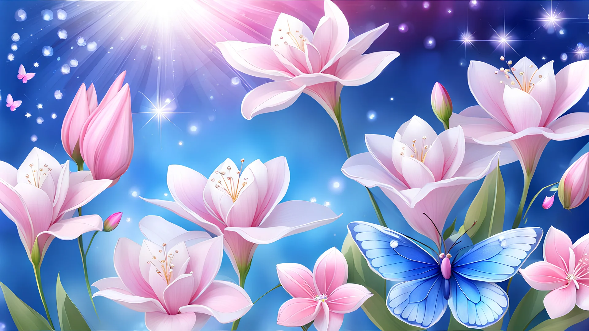 sfondo rose blu, cristalli rosa e blu, stelle luminose, ali di fata, farfalle rosa e blu, fiori di glicine, gigli bianchi, goccie di rugiada, fiori di ciliegio