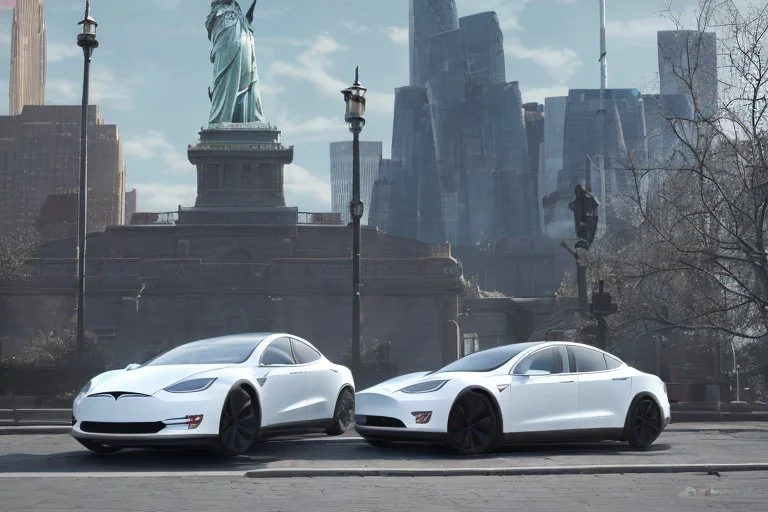 A Tesla 'Model S' is parked, near the 'Statue of Liberty' in New York. CINEMATIC. WIDE ANGLE LENS. PHOTO REAL.