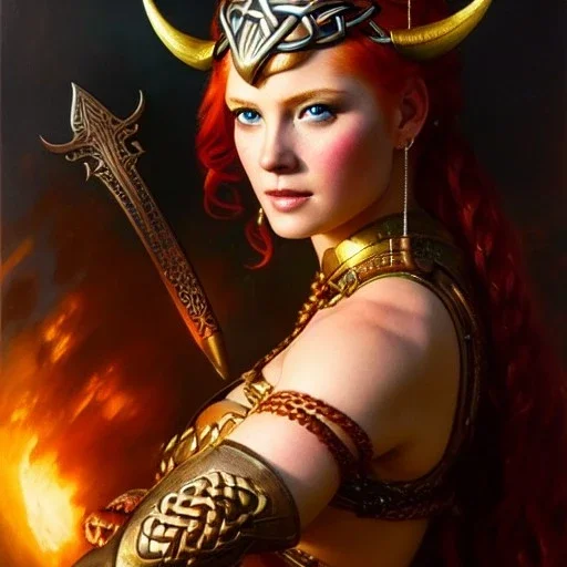 portrait 'beautiful Sexy busty Redhead Sif',Braids,horned helmet, celtic tattoed,painting by gaston bussiere, greg rutkowski, yoji shinkawa, yoshitaka amano, tsutomu nihei, donato giancola, tim hildebrandt, oil on canvas, cinematic composition, extreme detail,fit full head inside picture,32k