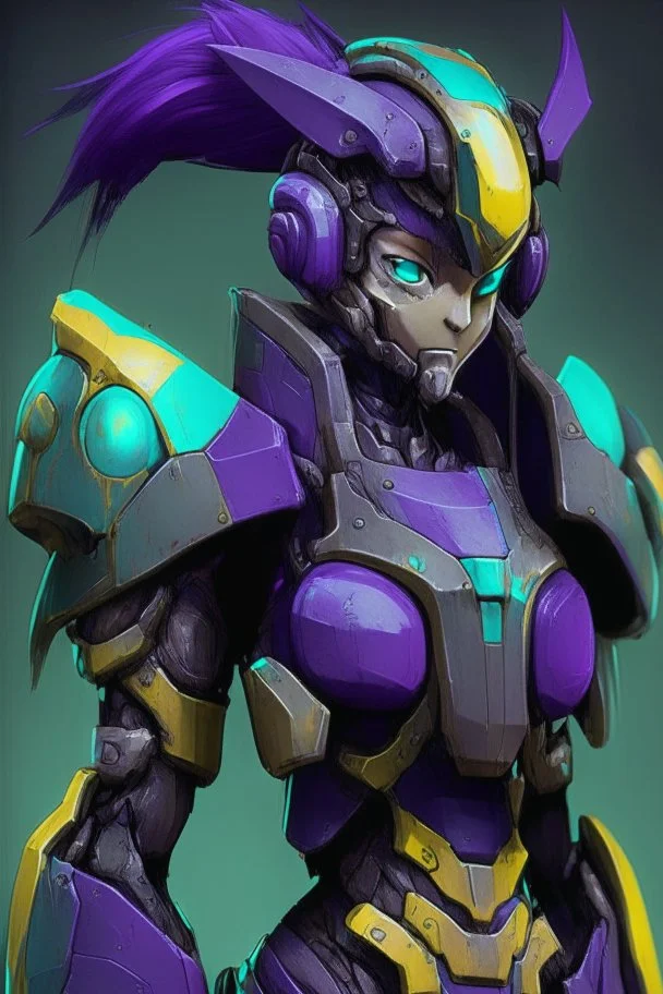 One Genderless Cyborg made of old rusted metal, has a human like face with a really long violet ponytail, they wear armor that is similar to Megaman. The color palatte of the armour is deep purple and yellow. They have Turquoise colured eyes. The Background is dark grey.