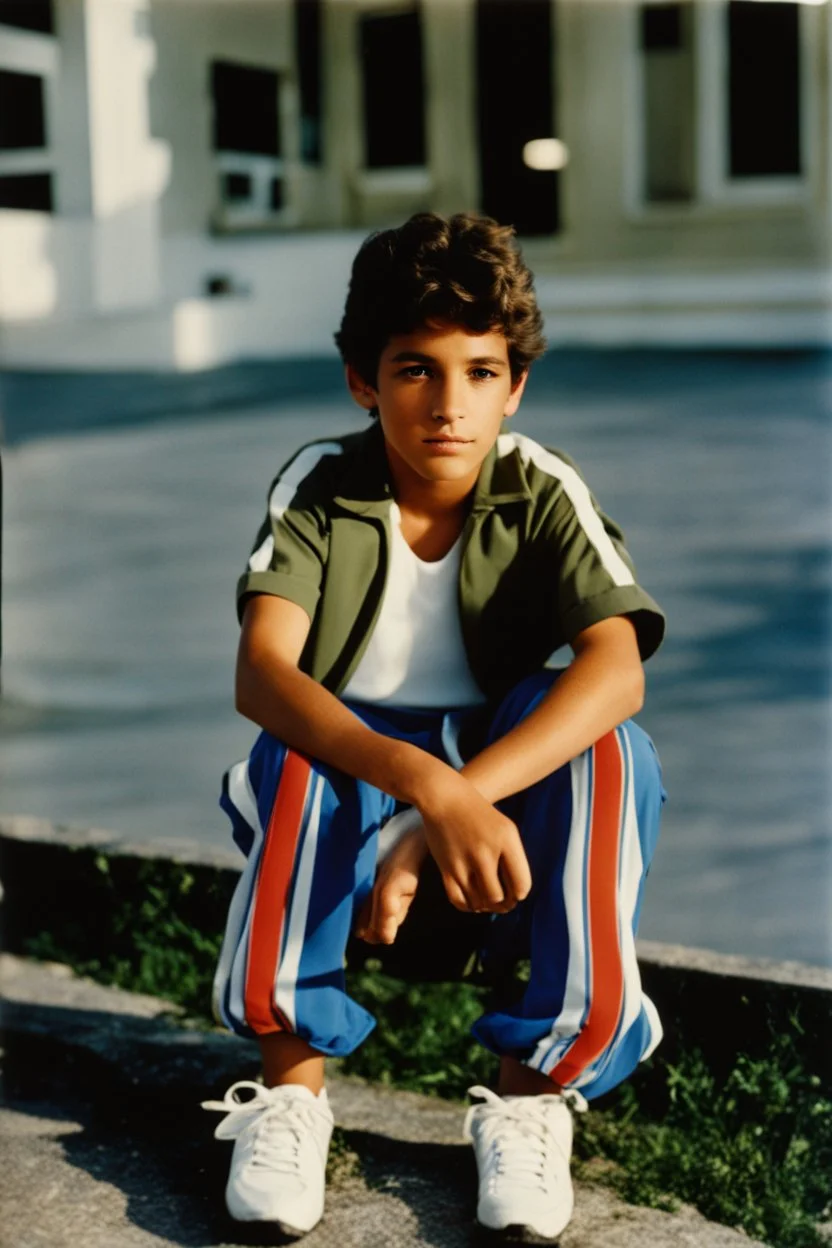 eleven year old mediterranean boy dressed track pants, early 80's color photo