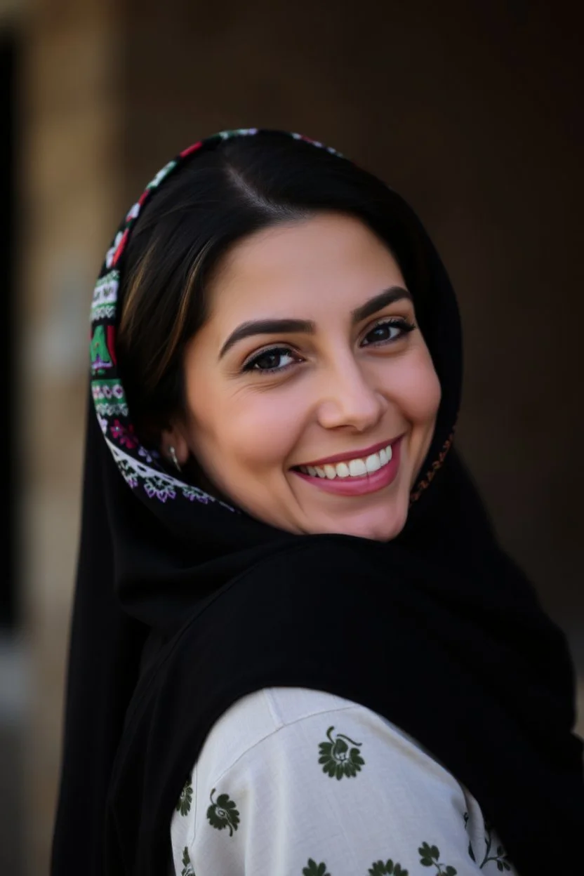 Palestinian woman with a beautiful face, turning her face slightly to the right, a beautiful smile, her mouth closed, not showing her teeth