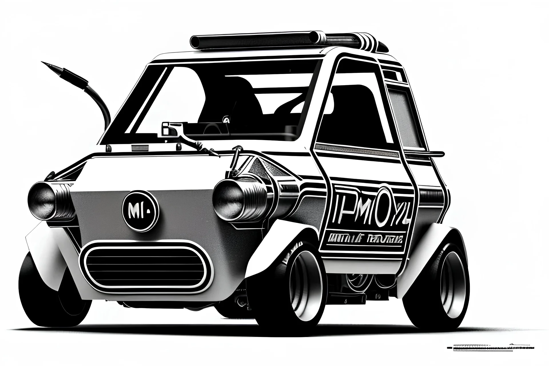 perspective view, full frame concept sketch of a retro-futuristic peel p50 style town car, realistic and authentic, intricate, extreme wide-body, low stance and profile, classic wide hotrod wheels, pencil and color marker, centered wideangle camera, pivot on car, design and art by syd mead