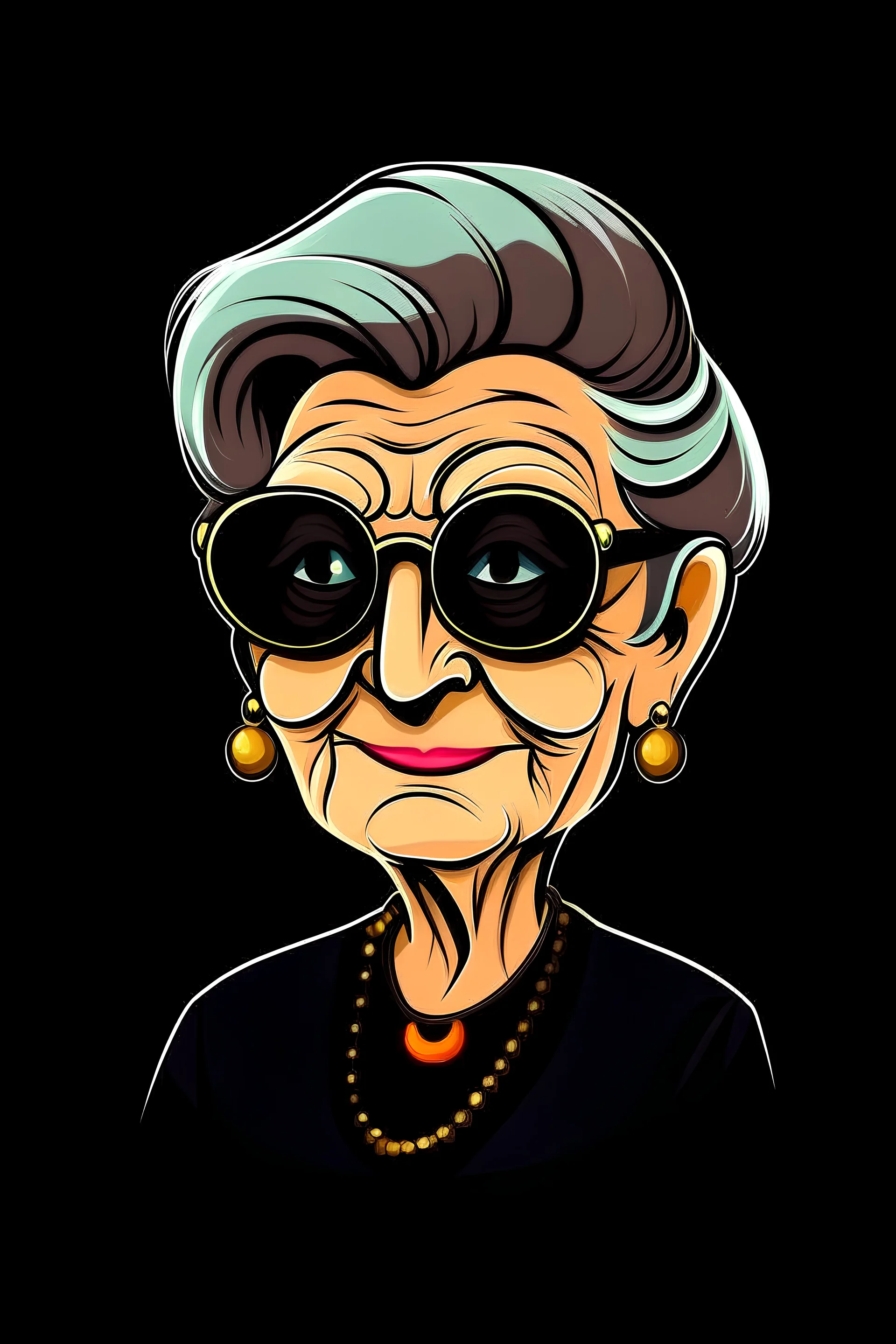 fancy cartoon grandma with sunglasses in black background