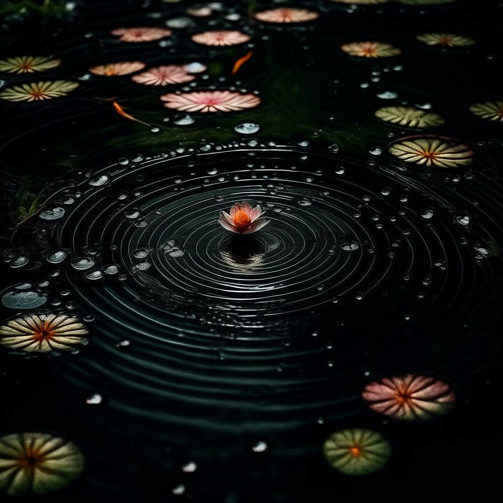 a raindrop creating a beautiful circle in a pond, dark colours