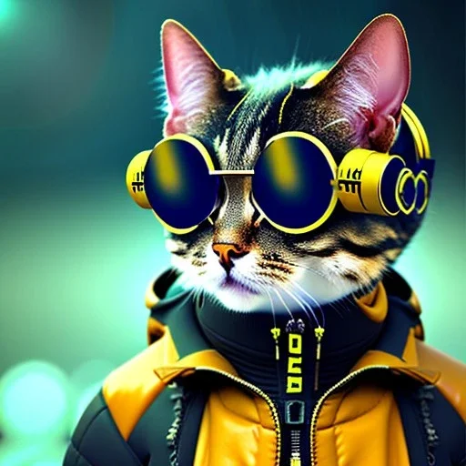 cat toddler, steampunk headphone, sunglass, gangsta neckless, full body, yellow puffer jacket, tokio background, dramatic lighting, hyper realistic, unreal engine 5, 16k