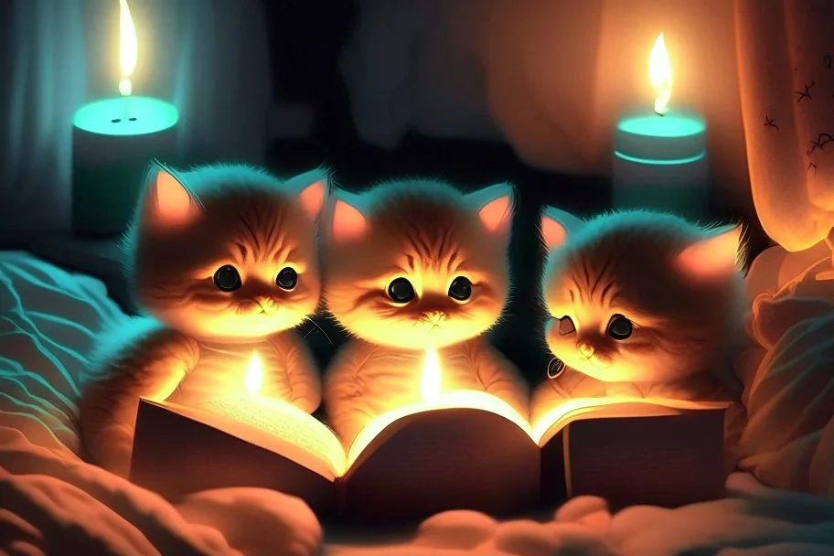 phosphorescent glowing cute soft chibi kittens in a bedroom, reading a book by candlelight on the bed