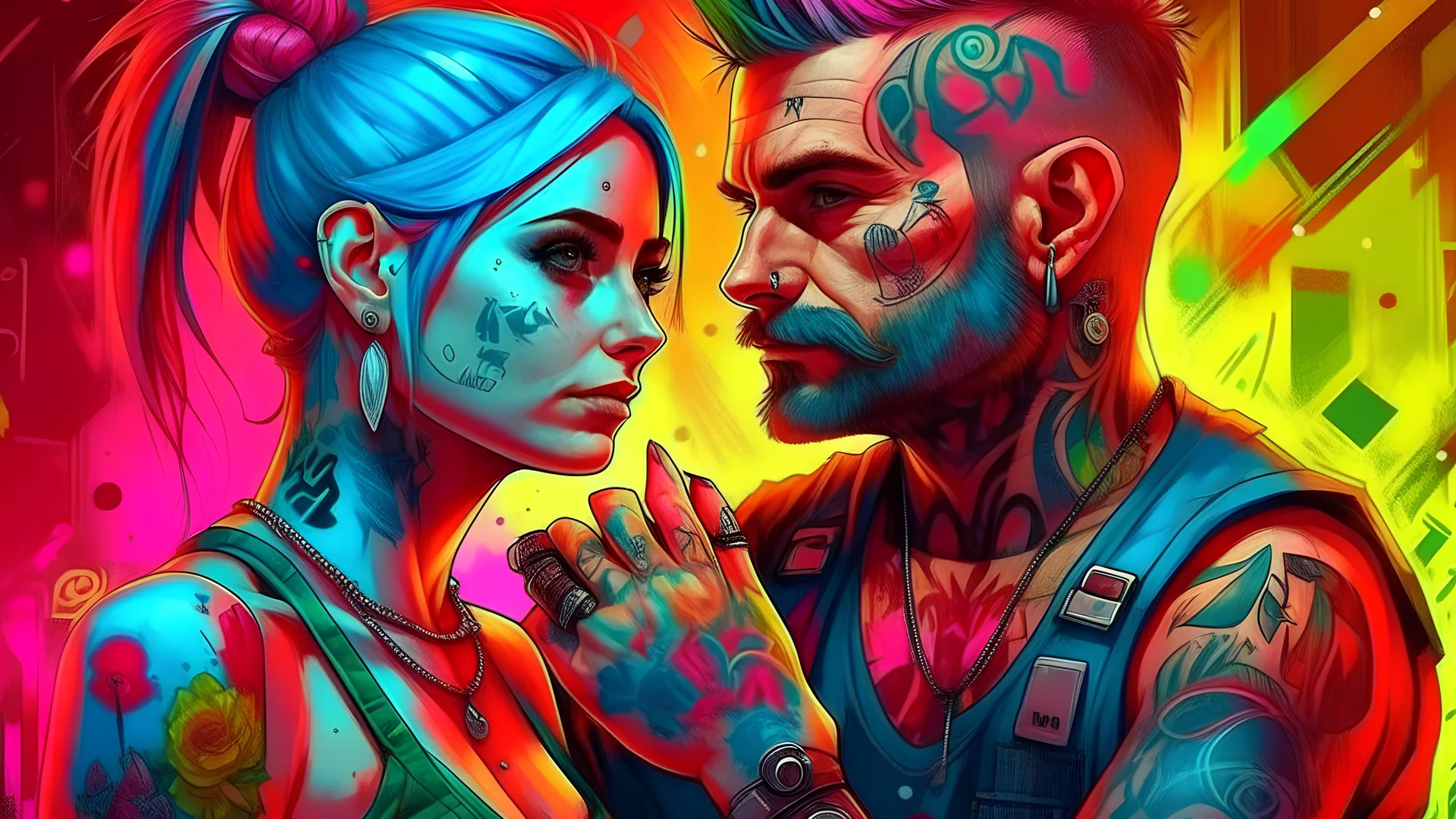 colorful background, drawing, love, woman, man hooligan punk, tattoo, high resolution, Artstation trends, fine details, 8K