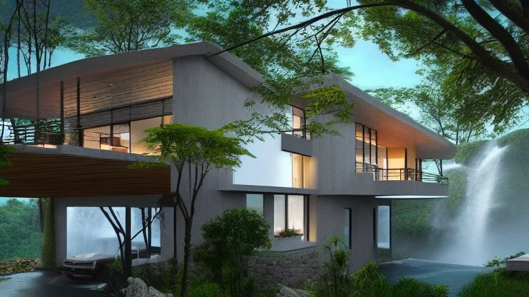 modern house by a big water falls in a karstic montain rain forest