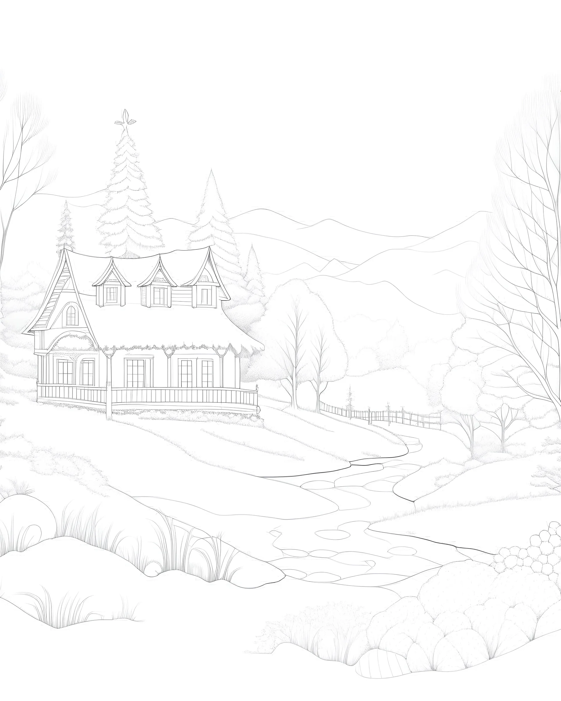 coloring page: Winter wonderland coloring page, enchanting first snow scene, realcartoon style, trending on artstation, sharp focus studio photo, intricate details, cottagecore vibes, 10:16, digital art, pastel colors, warm tone, backlighting, wide-angle composition