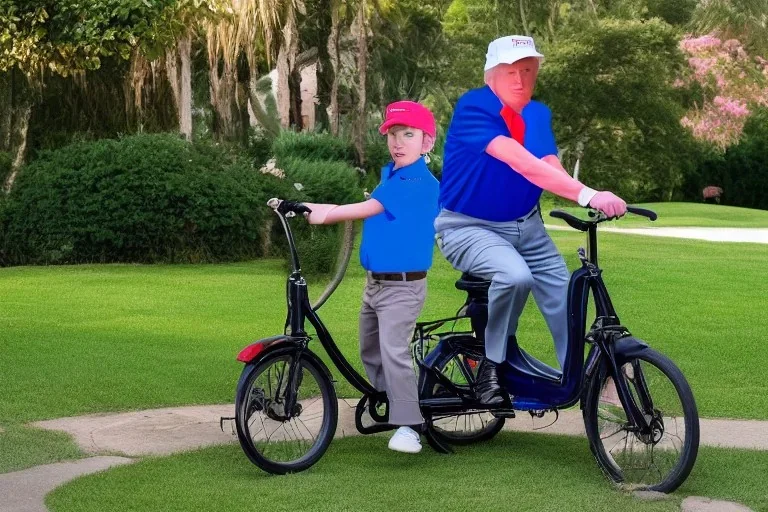 Photo of a single donald trump riding a Blue tricycle while wearing a pink polo shirt with the collar up