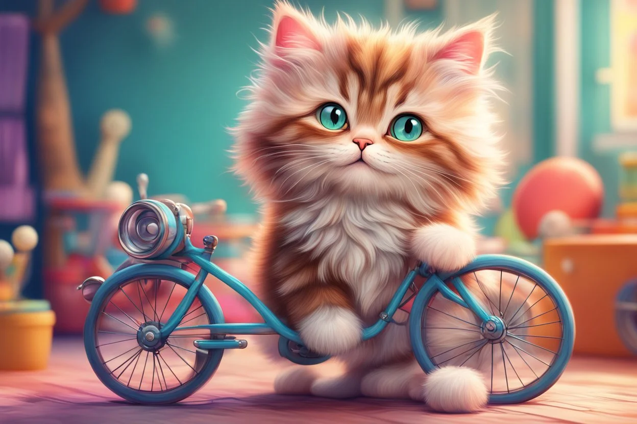 Fluffy tabby cat, adorable kitten, miniature bicycle, whimsical scene, playful concept, vibrant colors, detailed fur texture, charming expression, dynamic composition, cartoonish style, digital art, creative and imaginative, bright and lively palette, joyful atmosphere, skillful rendering, high resolution, skillful lighting to enhance cuteness.