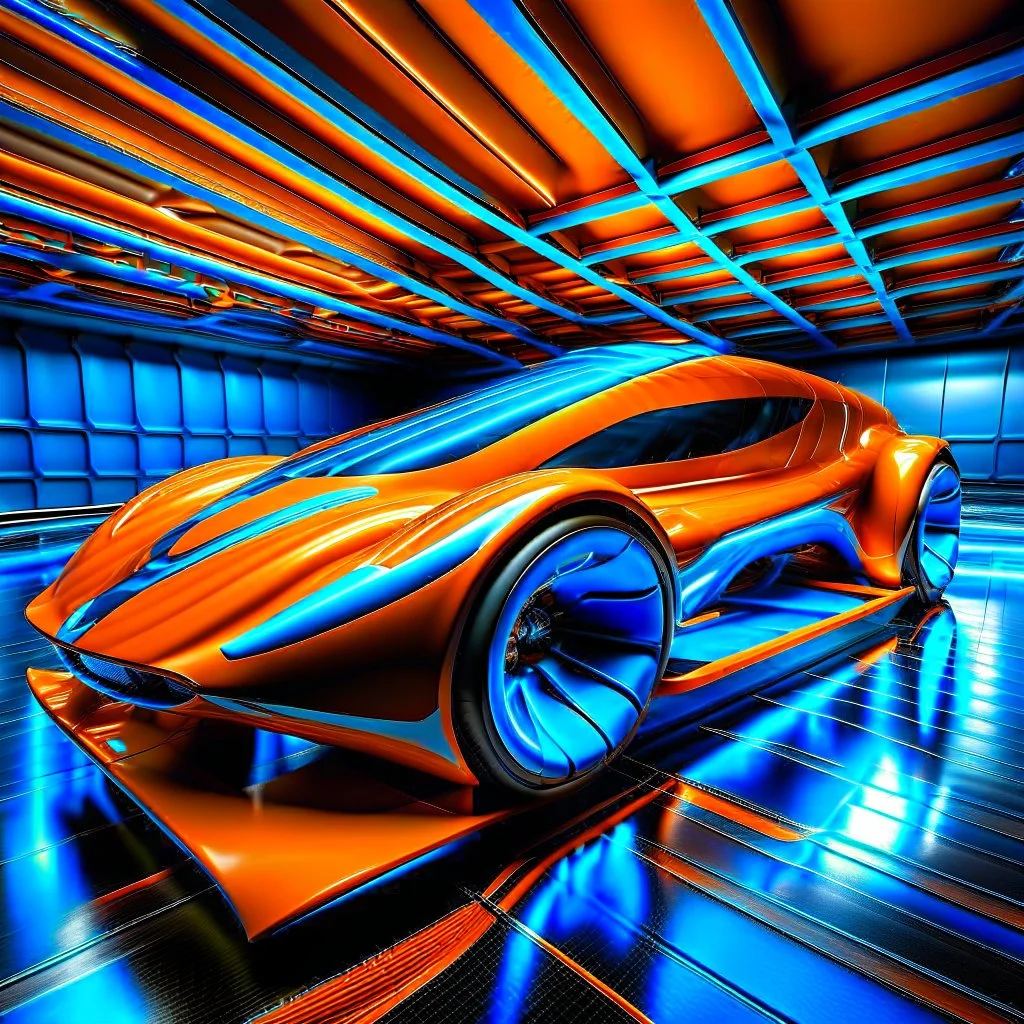 award winning car and driver photograph of a futuristic station wagon designed by only one vehicle per image painted metallic orange traveling at a high rate of speed, jet intake off of front center of vehicle and jet exhaust out the rear with bright blue flame, bilaterally symetrical, more a high speed road vehicle