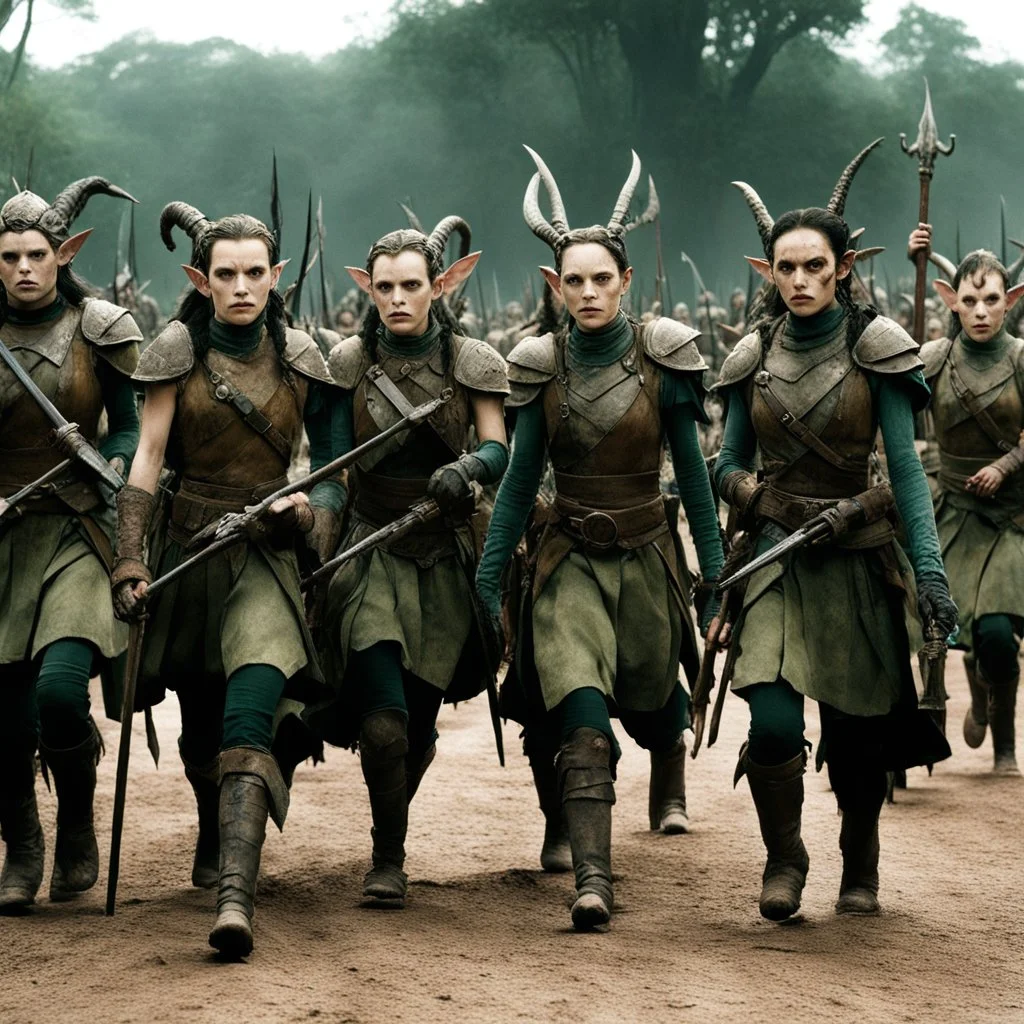 (Month python and Pan's Labyrinth (2006)) heavily armed female elf group on the march, rusty and dusty with sharp pole arms