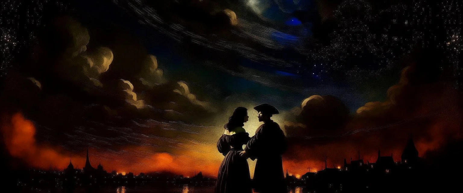 romantic night sky, rembrandt style