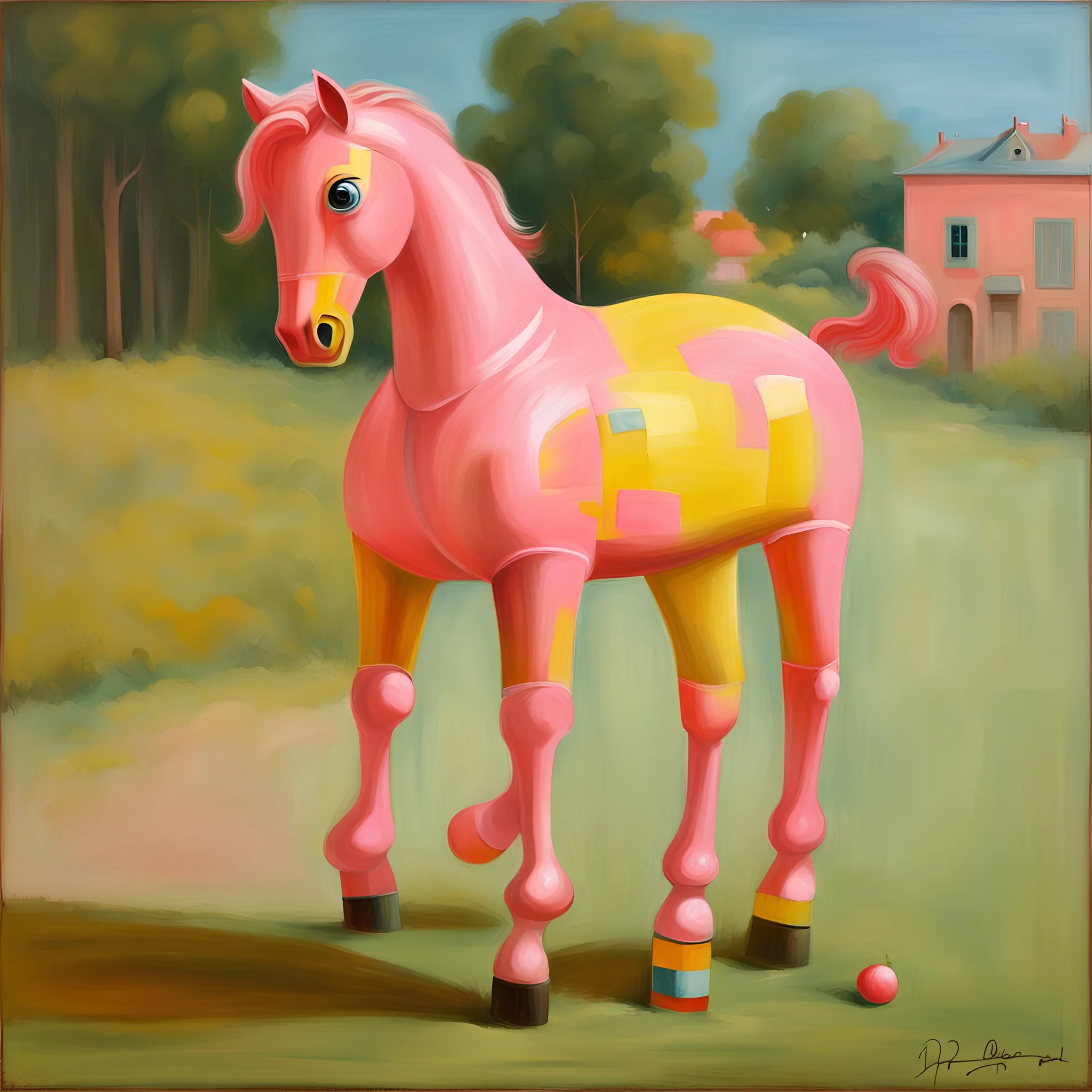 Big pink plastic toy horse.19th painting